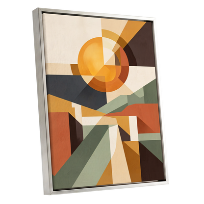 Solar Convergence, orange, beige, brown abstract wall art shown as a silver framed canvas wall art