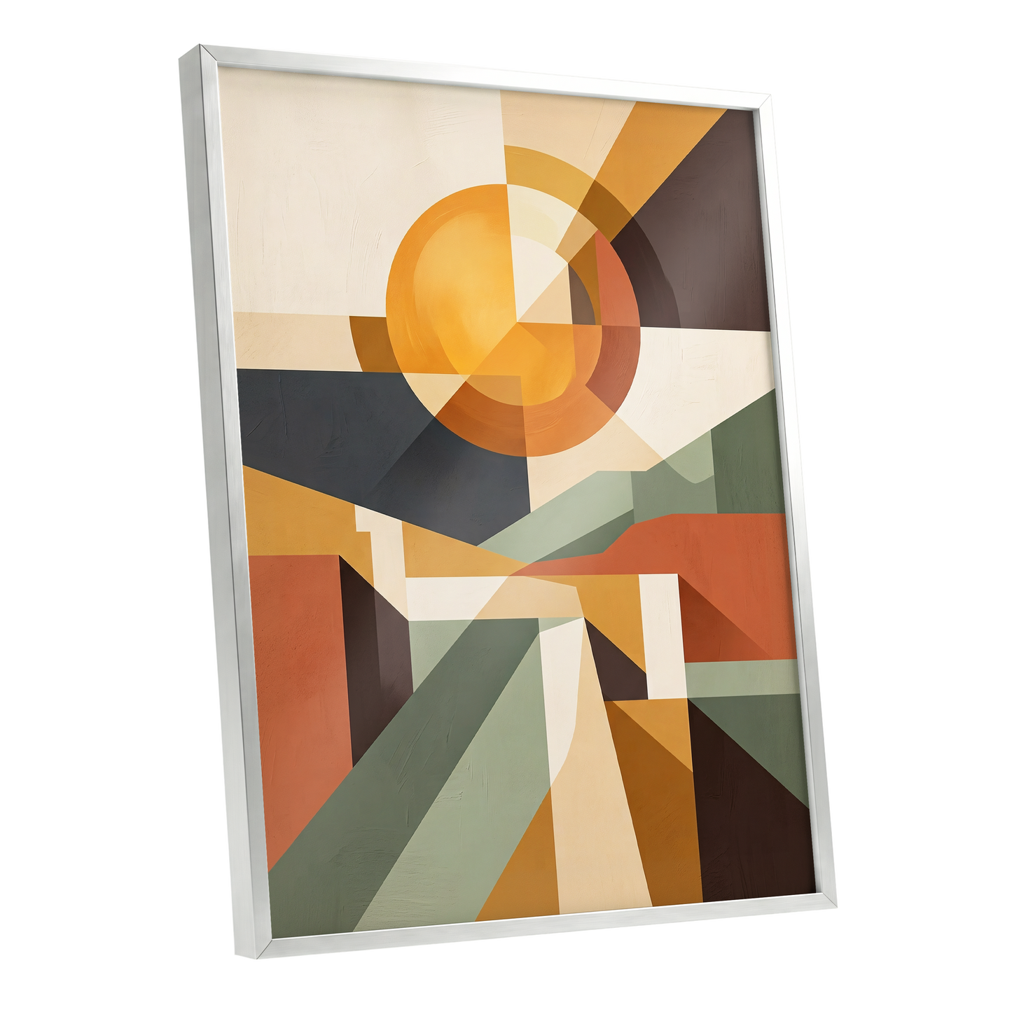 Solar Convergence, orange, beige, brown abstract wall art shown as a silver framed poster wall art print