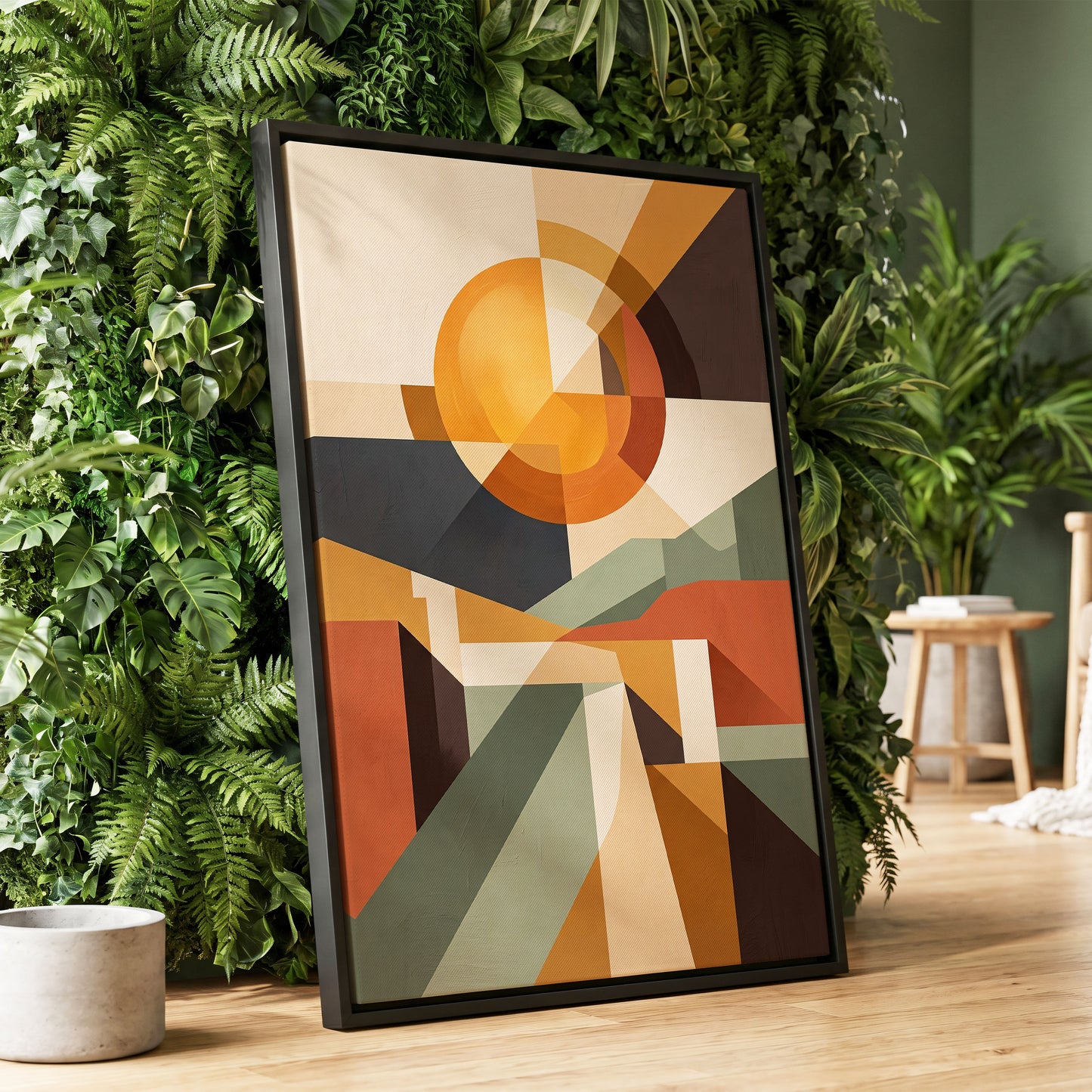 Solar Convergence, orange, beige, brown abstract wall art displayed in a styled interior, gallery view 1
