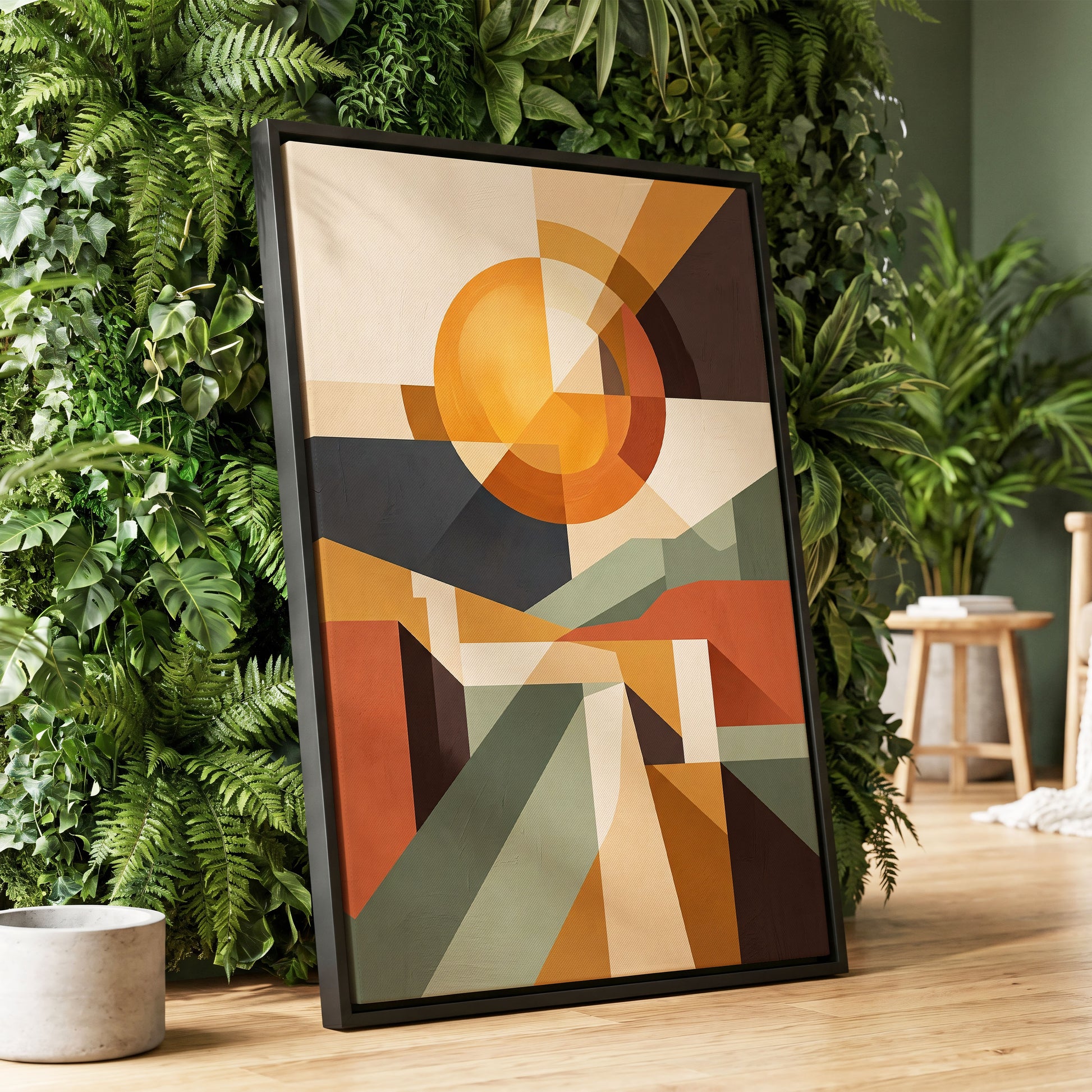 Solar Convergence, orange, beige, brown abstract wall art displayed in a styled interior, gallery view 1