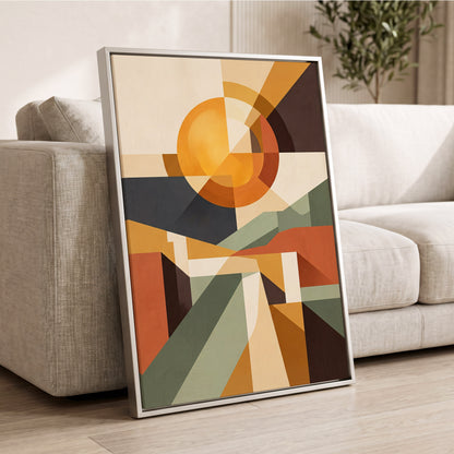 Solar Convergence, orange, beige, brown abstract wall art displayed in a styled interior, gallery view 2