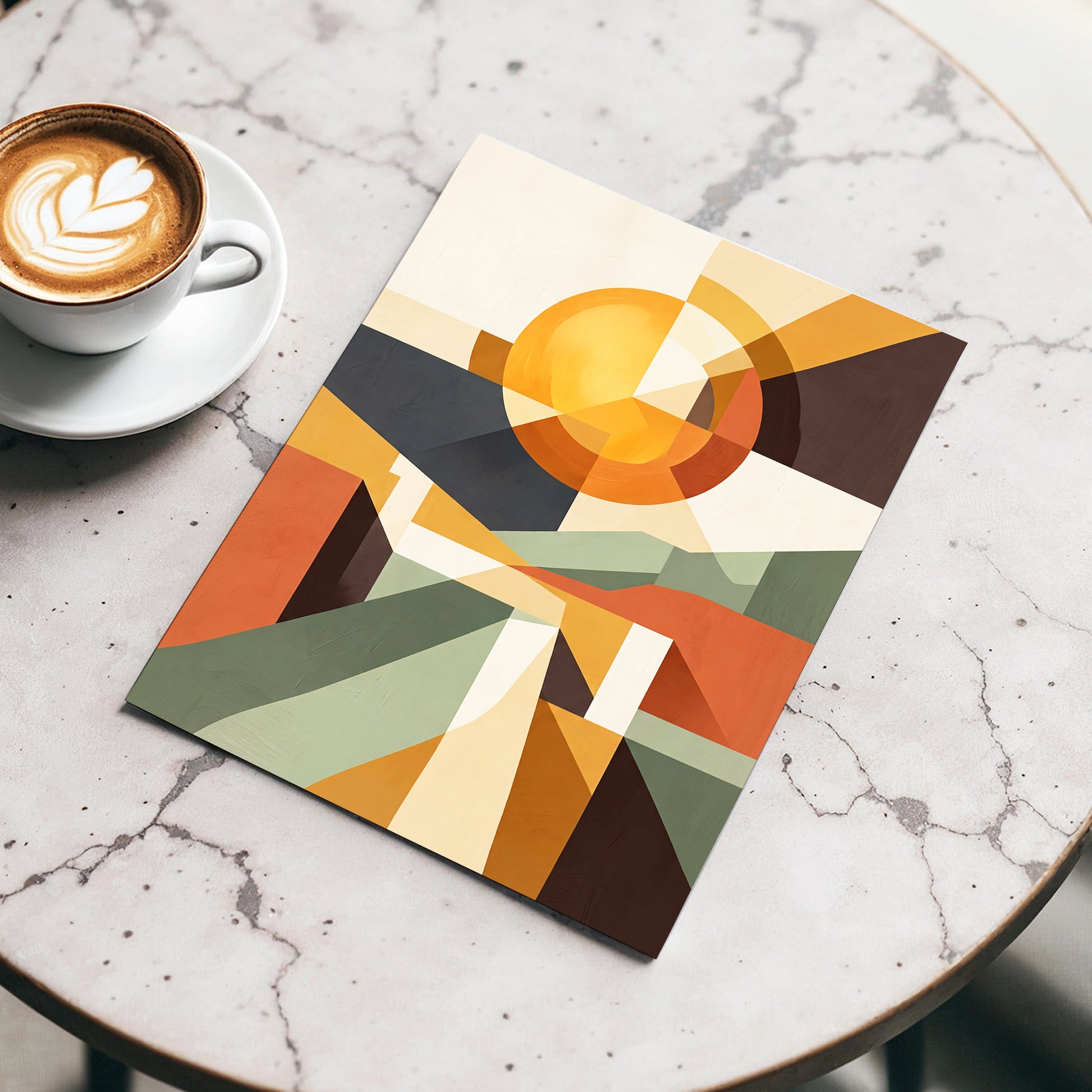 Solar Convergence, orange, beige, brown abstract wall art displayed in a styled interior, gallery view 3