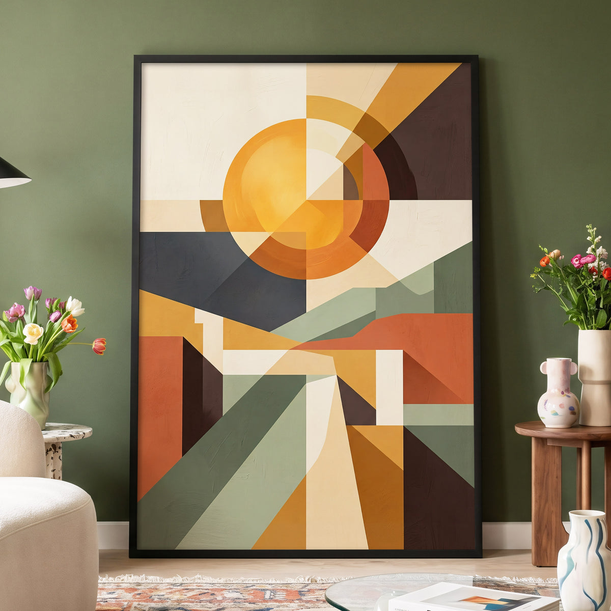 Solar Convergence, orange, beige, brown abstract wall art displayed in a styled interior, gallery view 4