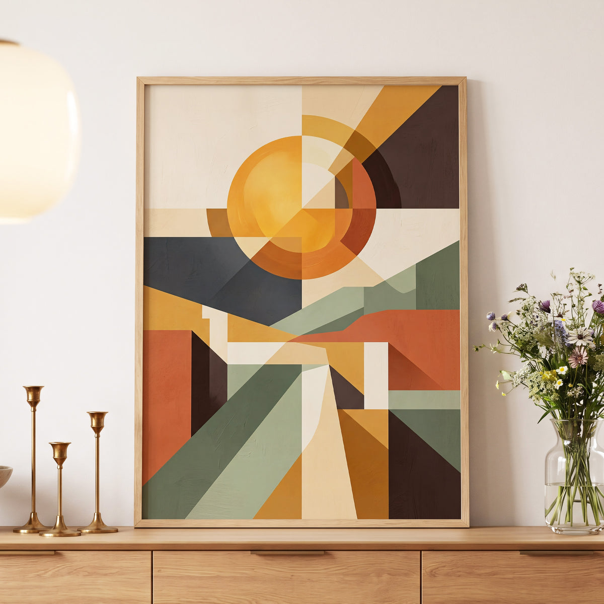 Solar Convergence, orange, beige, brown abstract wall art displayed in a styled interior, gallery view 5