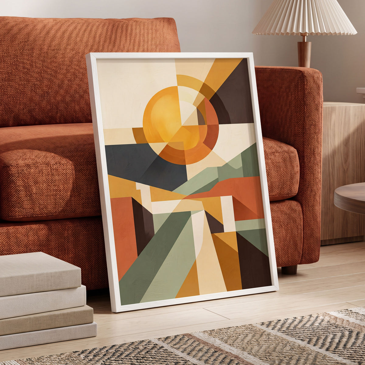 Solar Convergence, orange, beige, brown abstract wall art displayed in a styled interior, gallery view 6