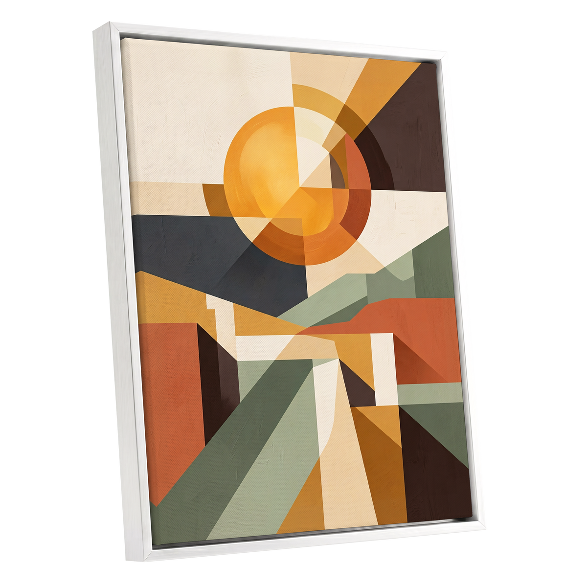 Solar Convergence, orange, beige, brown abstract wall art shown as a white framed canvas wall art
