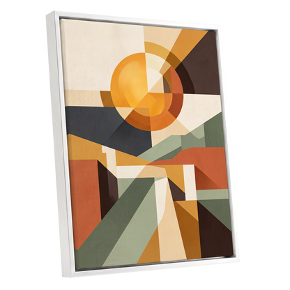 Solar Convergence, orange, beige, brown abstract wall art shown as a white framed canvas wall art