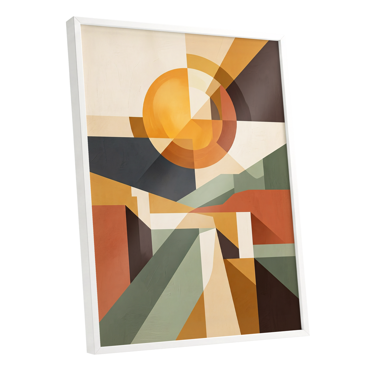Solar Convergence, orange, beige, brown abstract wall art shown as a white framed poster wall art print