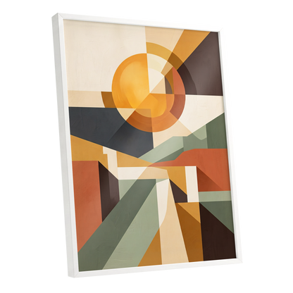 Solar Convergence, orange, beige, brown abstract wall art shown as a white framed poster wall art print
