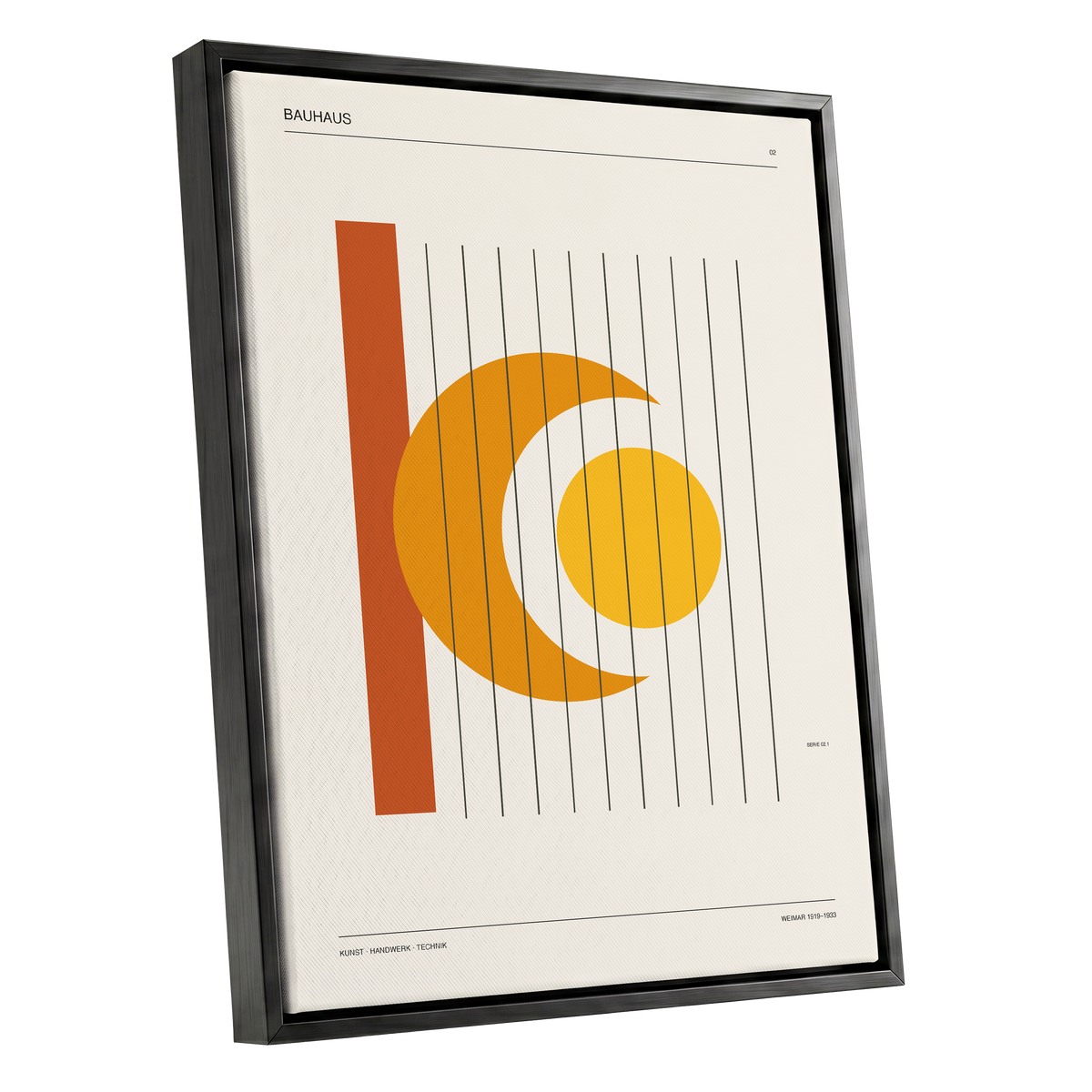 Solar Crescent Grid, beige, orange, yellow minimalist wall art shown as a black framed canvas wall art