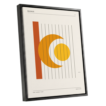Solar Crescent Grid, beige, orange, yellow minimalist wall art shown as a black framed canvas wall art