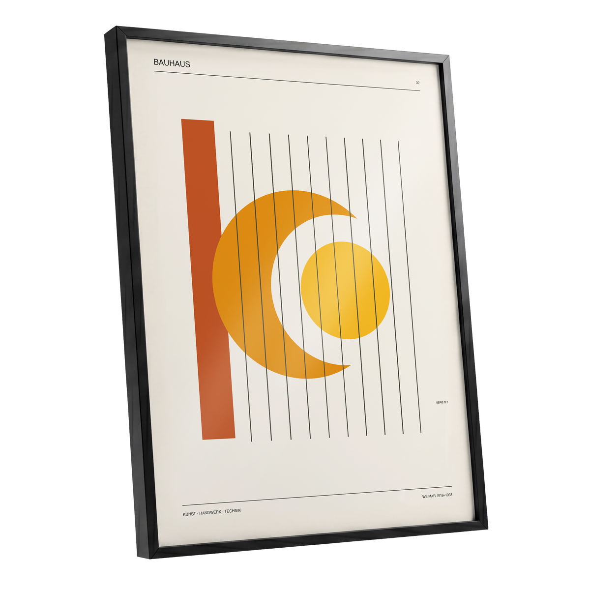 Solar Crescent Grid, beige, orange, yellow minimalist wall art shown as a black framed poster wall art print