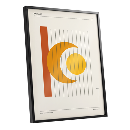 Solar Crescent Grid, beige, orange, yellow minimalist wall art shown as a black framed poster wall art print