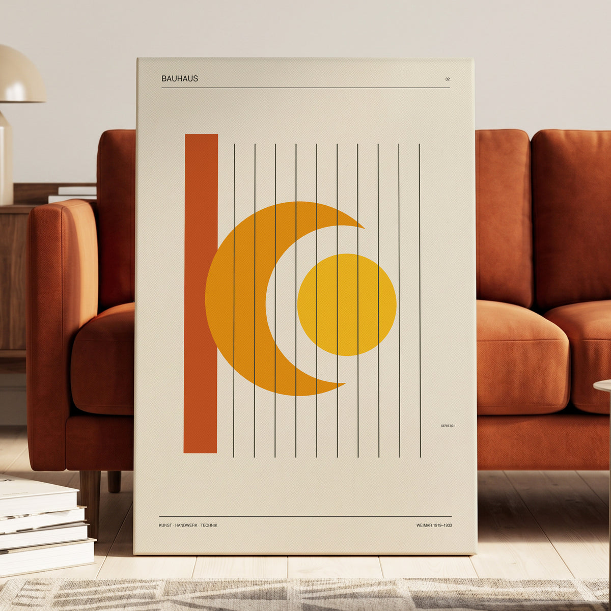 Solar Crescent Grid, beige, orange, yellow minimalist wall art on canvas displayed in a styled interior, gallery view 1