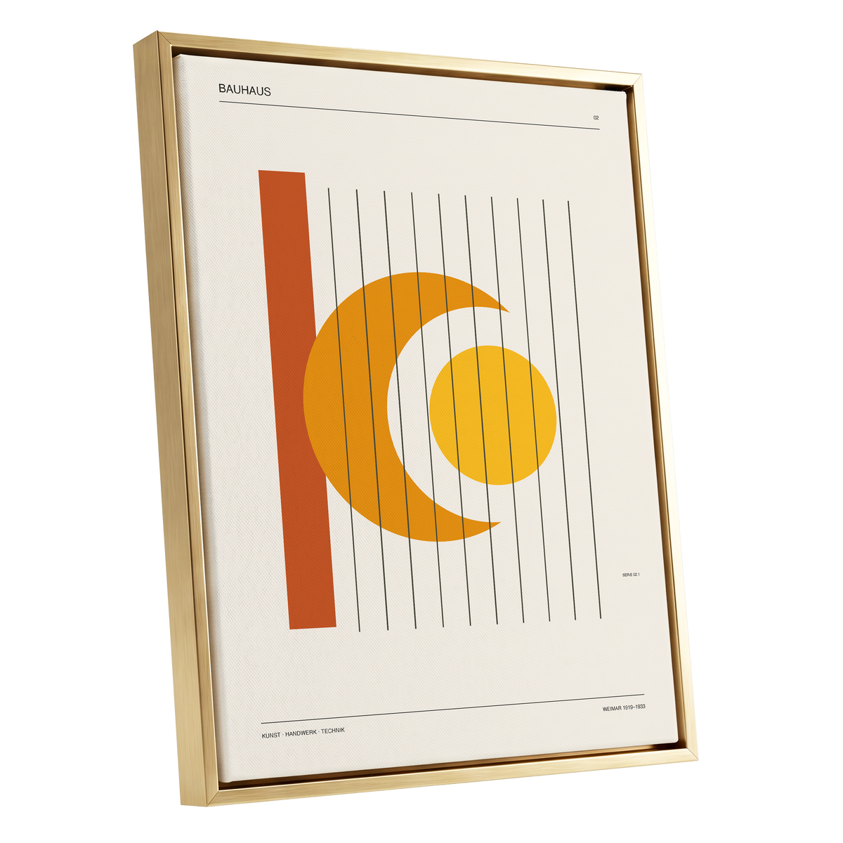 Solar Crescent Grid, beige, orange, yellow minimalist wall art shown as a gold framed canvas wall art