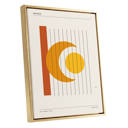 Solar Crescent Grid, beige, orange, yellow minimalist wall art shown as a gold framed canvas wall art