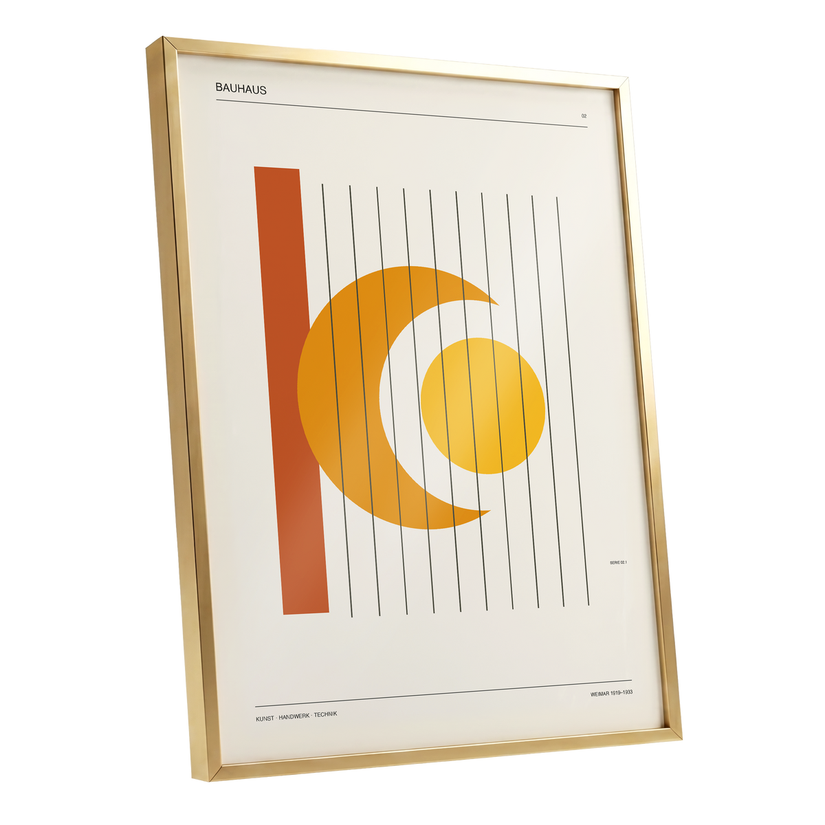 Solar Crescent Grid, beige, orange, yellow minimalist wall art shown as a gold framed poster wall art print