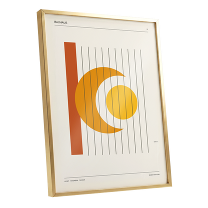 Solar Crescent Grid, beige, orange, yellow minimalist wall art shown as a gold framed poster wall art print