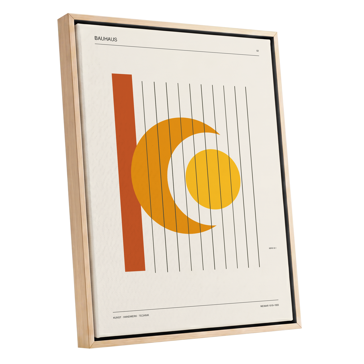Solar Crescent Grid, beige, orange, yellow minimalist wall art shown as a oak framed canvas wall art