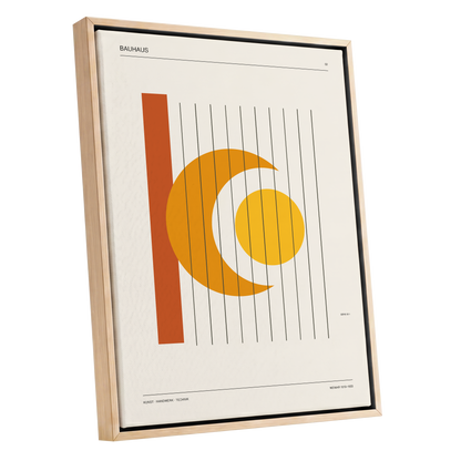 Solar Crescent Grid, beige, orange, yellow minimalist wall art shown as a oak framed canvas wall art