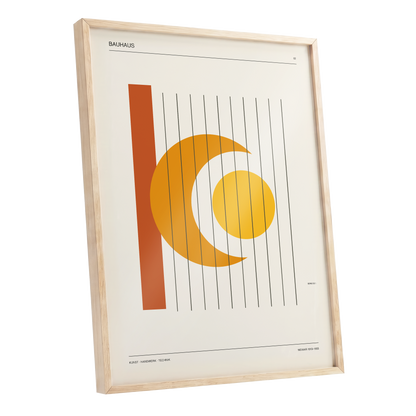 Solar Crescent Grid, beige, orange, yellow minimalist wall art shown as a oak framed poster wall art print