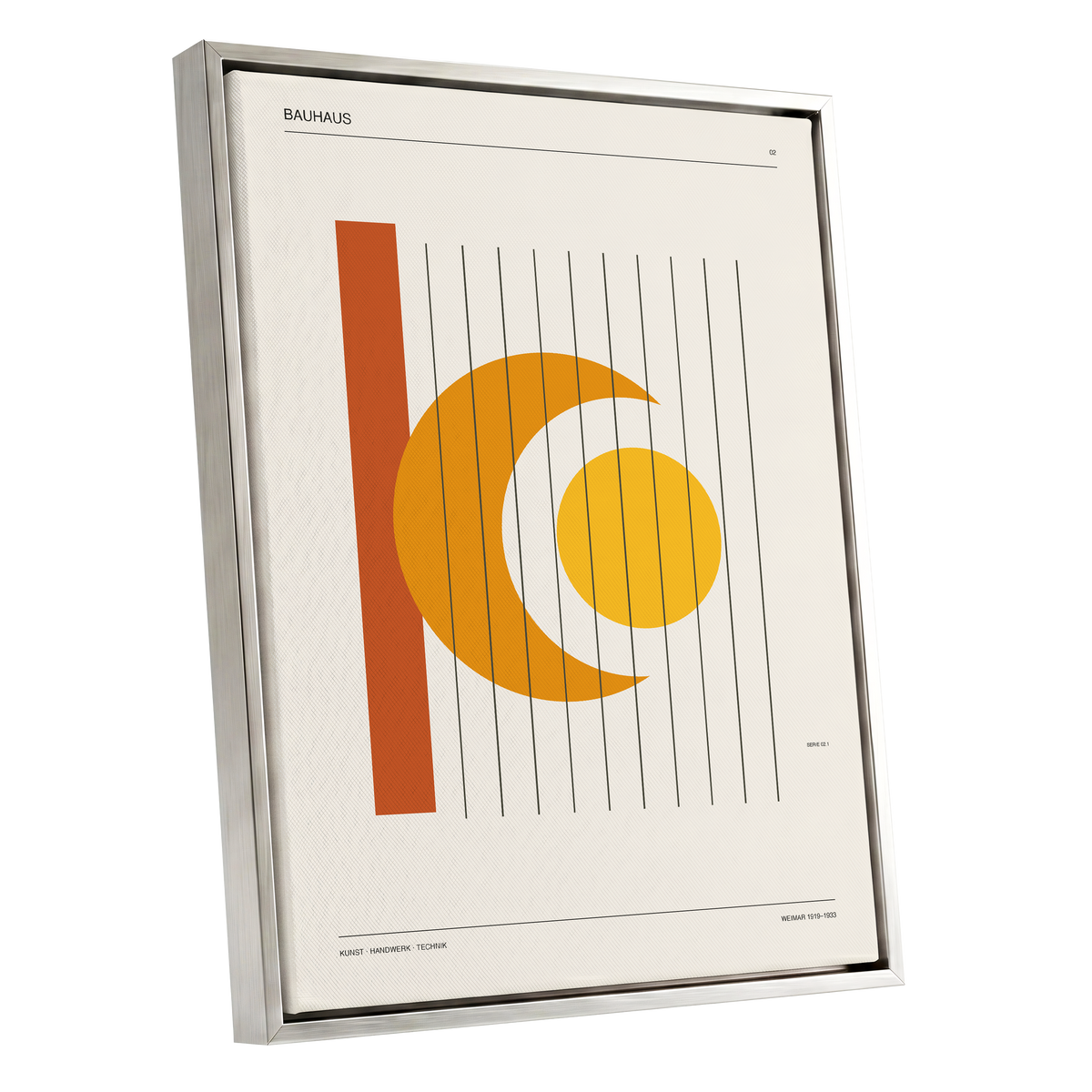 Solar Crescent Grid, beige, orange, yellow minimalist wall art shown as a silver framed canvas wall art