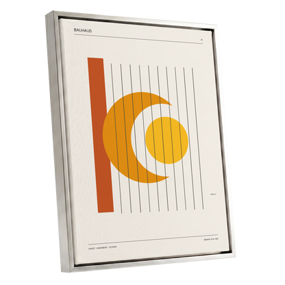 Solar Crescent Grid, beige, orange, yellow minimalist wall art shown as a silver framed canvas wall art