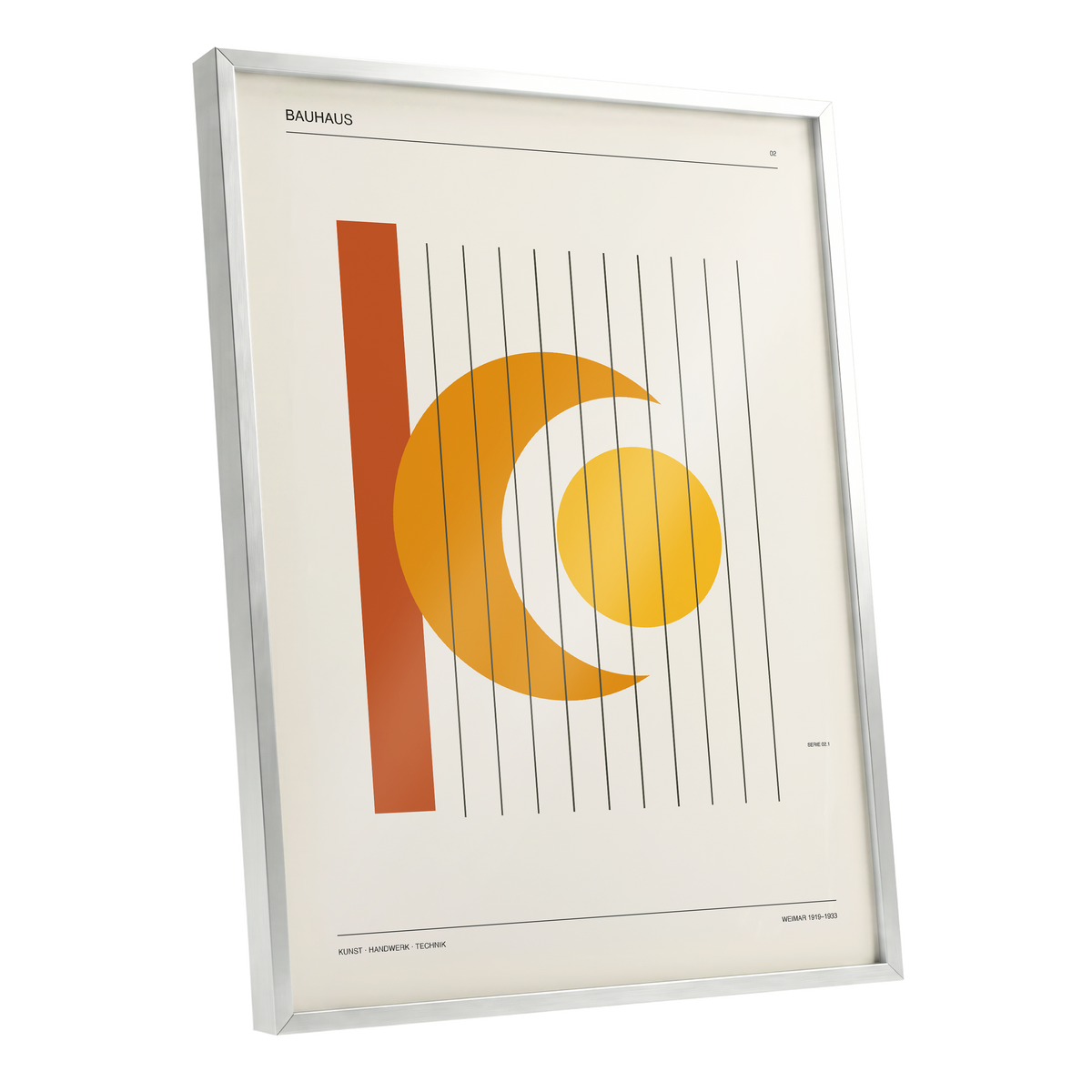 Solar Crescent Grid, beige, orange, yellow minimalist wall art shown as a silver framed poster wall art print