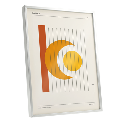 Solar Crescent Grid, beige, orange, yellow minimalist wall art shown as a silver framed poster wall art print