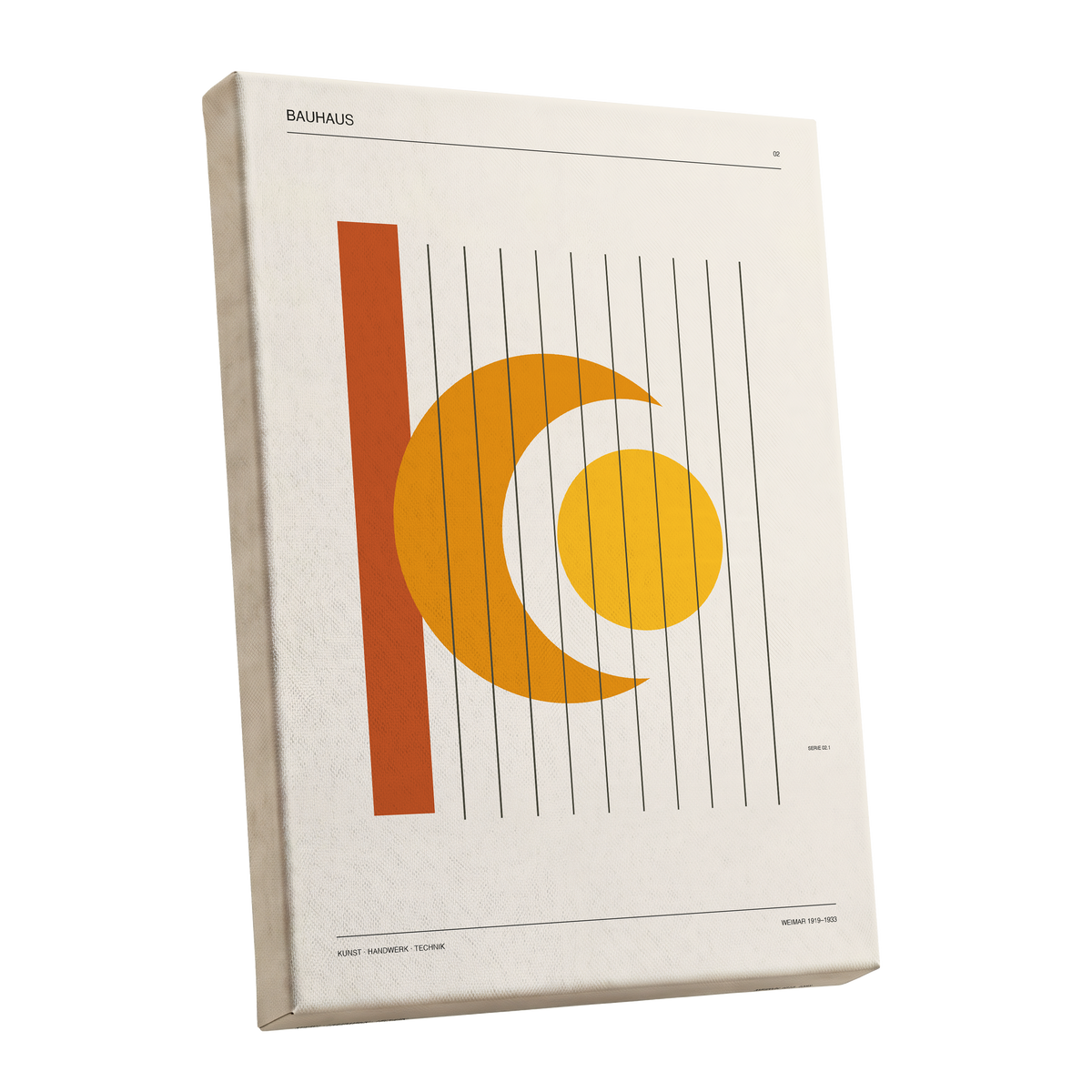 Solar Crescent Grid, beige, orange, yellow minimalist wall art shown as a stretched canvas wall art