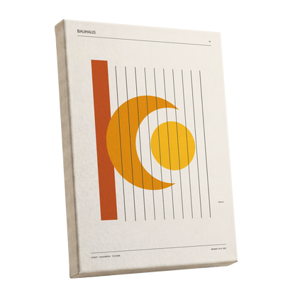 Solar Crescent Grid, beige, orange, yellow minimalist wall art shown as a stretched canvas wall art