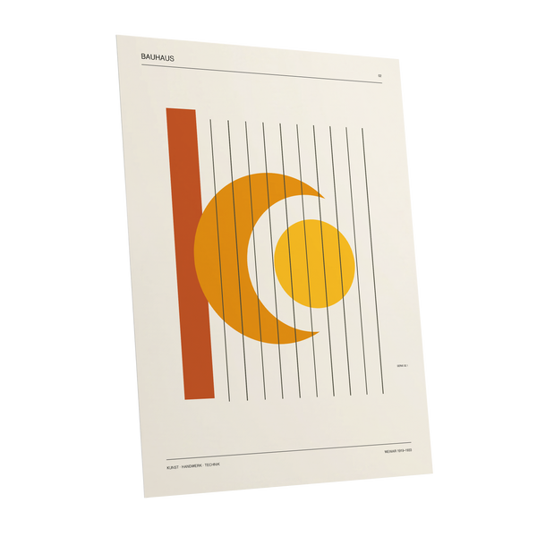 Solar Crescent Grid, beige, orange, yellow minimalist wall art shown as a unframed poster wall art print