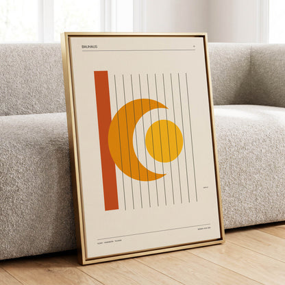 Solar Crescent Grid, beige, orange, yellow minimalist wall art displayed in a styled interior, gallery view 1
