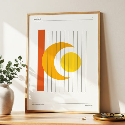 Solar Crescent Grid, beige, orange, yellow minimalist wall art displayed in a styled interior, gallery view 2