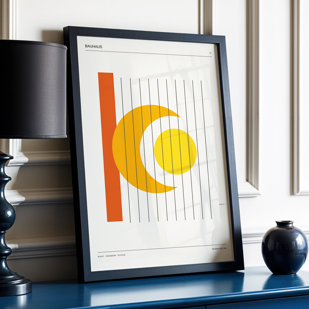 Solar Crescent Grid, beige, orange, yellow minimalist wall art displayed in a styled interior, gallery view 3