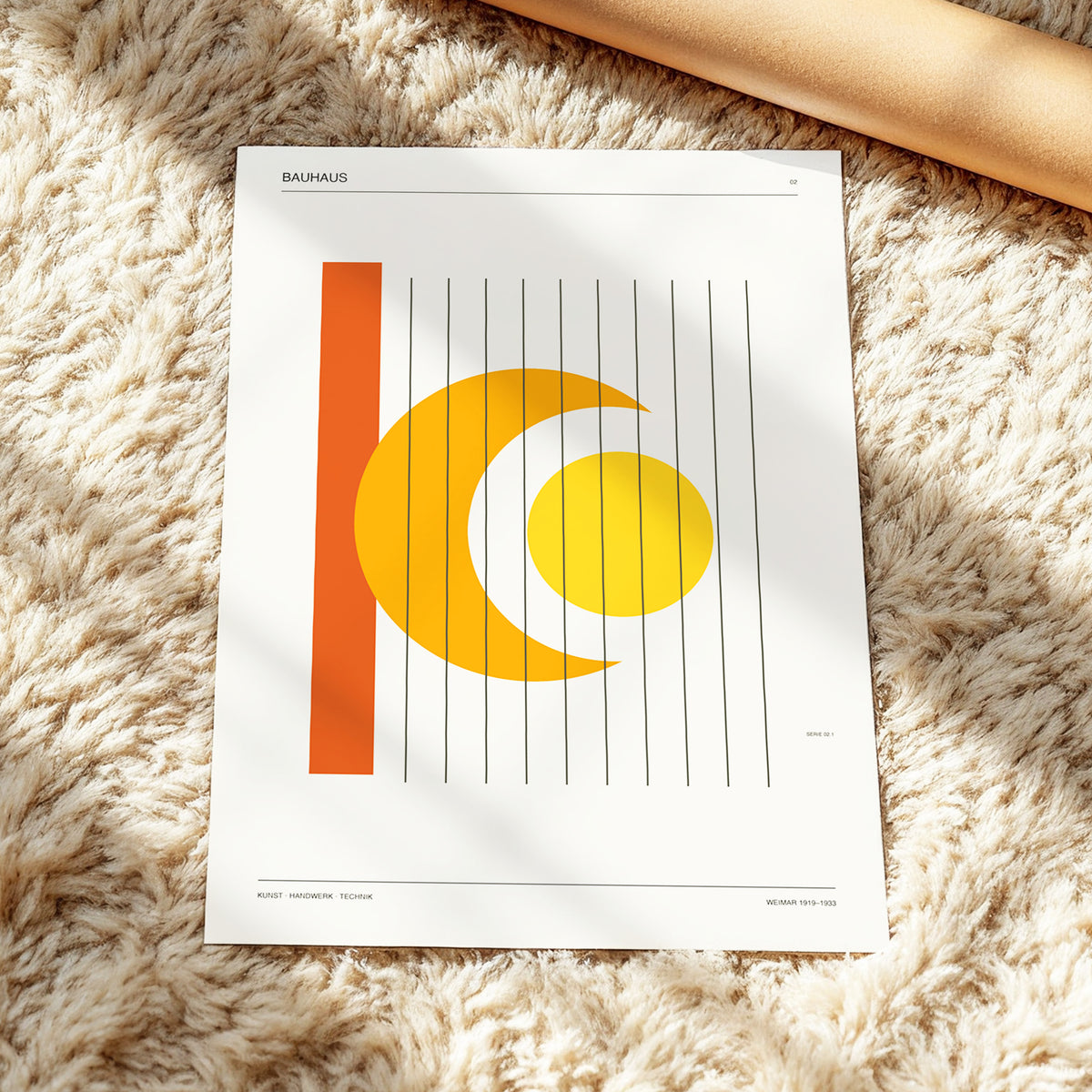 Solar Crescent Grid, beige, orange, yellow minimalist wall art displayed in a styled interior, gallery view 4