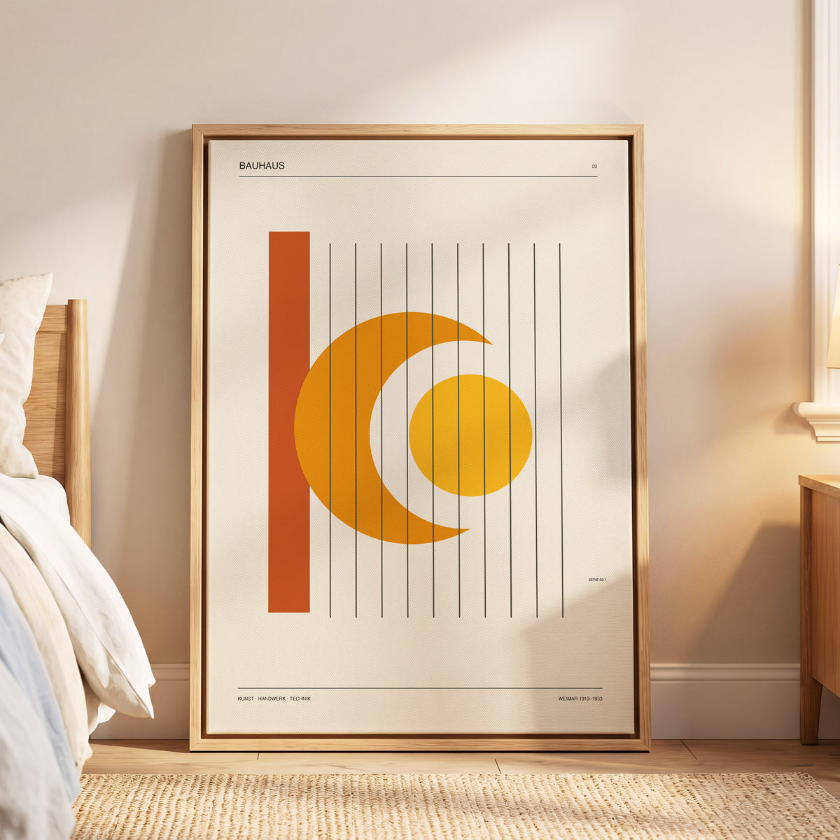 Solar Crescent Grid, beige, orange, yellow minimalist wall art displayed in a styled interior, gallery view 5
