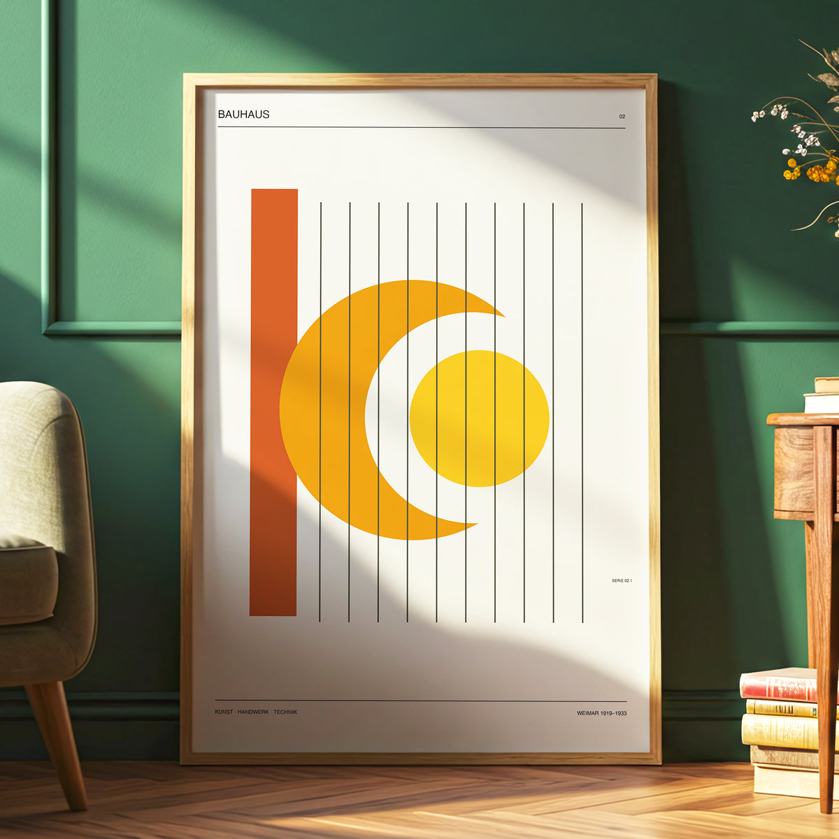 Solar Crescent Grid, beige, orange, yellow minimalist wall art displayed in a styled interior, gallery view 6