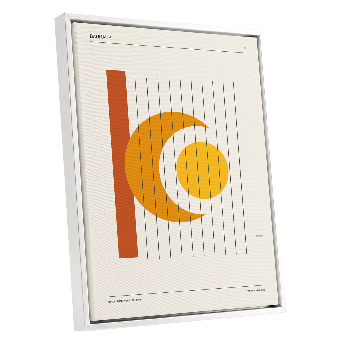 Solar Crescent Grid, beige, orange, yellow minimalist wall art shown as a white framed canvas wall art
