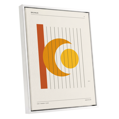 Solar Crescent Grid, beige, orange, yellow minimalist wall art shown as a white framed canvas wall art
