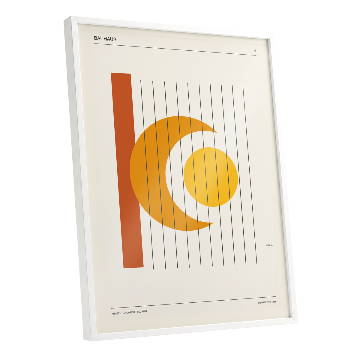Solar Crescent Grid, beige, orange, yellow minimalist wall art shown as a white framed poster wall art print