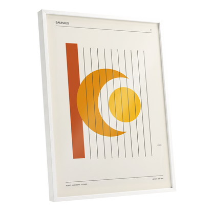 Solar Crescent Grid, beige, orange, yellow minimalist wall art shown as a white framed poster wall art print