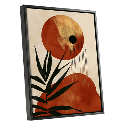 Solar Fronds, black, beige, orange nature wall art shown as a black framed canvas wall art