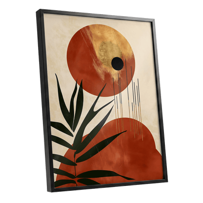 Solar Fronds, black, beige, orange nature wall art shown as a black framed poster wall art print