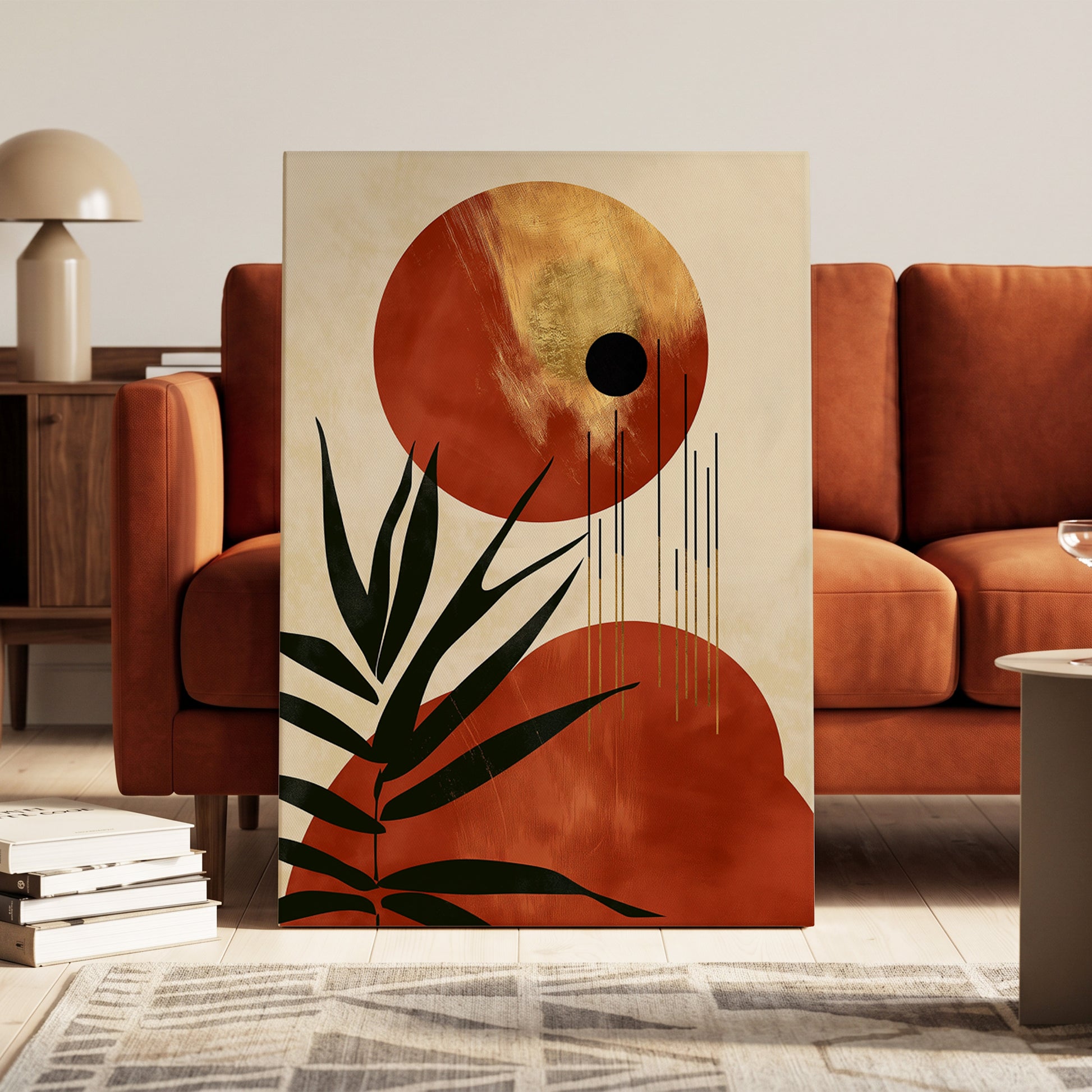Solar Fronds, black, beige, orange nature wall art on canvas displayed in a styled interior, gallery view 1
