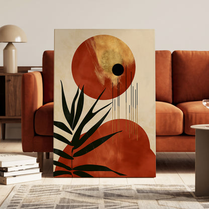 Solar Fronds, black, beige, orange nature wall art on canvas displayed in a styled interior, gallery view 1