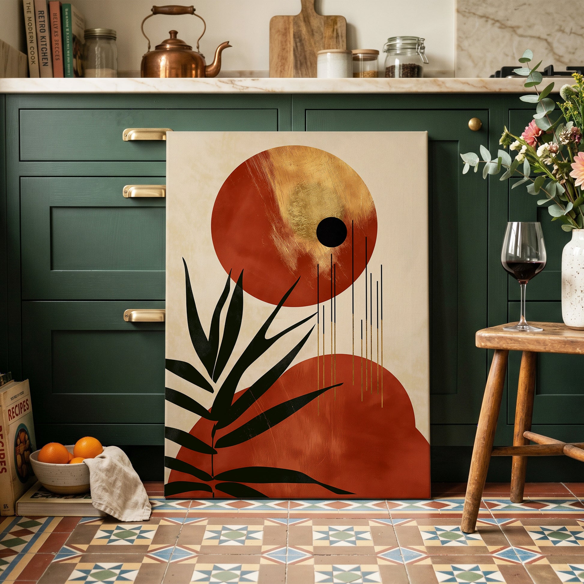 Solar Fronds, black, beige, orange nature wall art on canvas displayed in a styled interior, gallery view 2