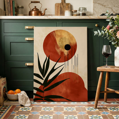 Solar Fronds, black, beige, orange nature wall art on canvas displayed in a styled interior, gallery view 2