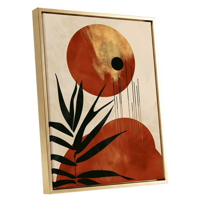 Solar Fronds, black, beige, orange nature wall art shown as a gold framed canvas wall art