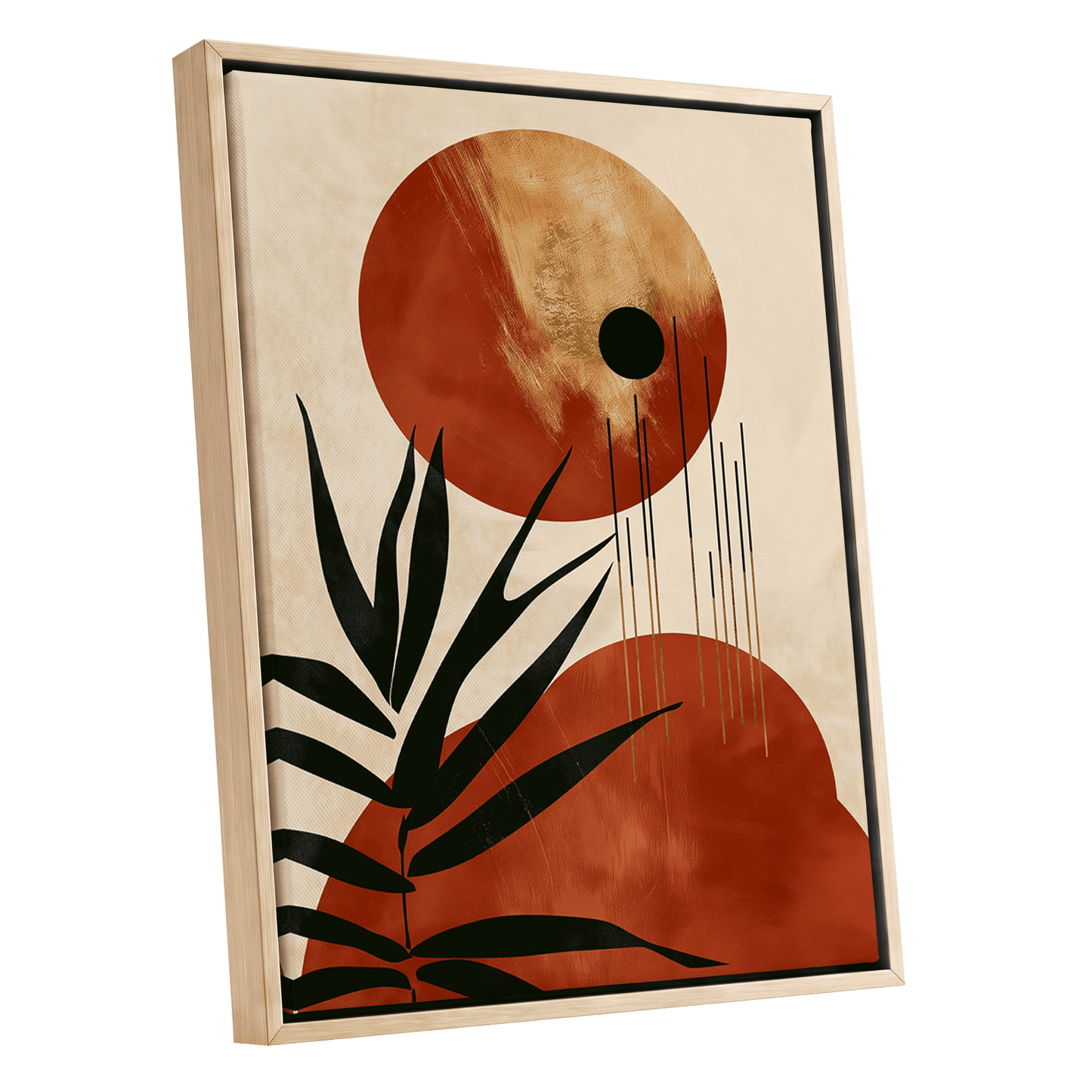 Solar Fronds, black, beige, orange nature wall art shown as a oak framed canvas wall art